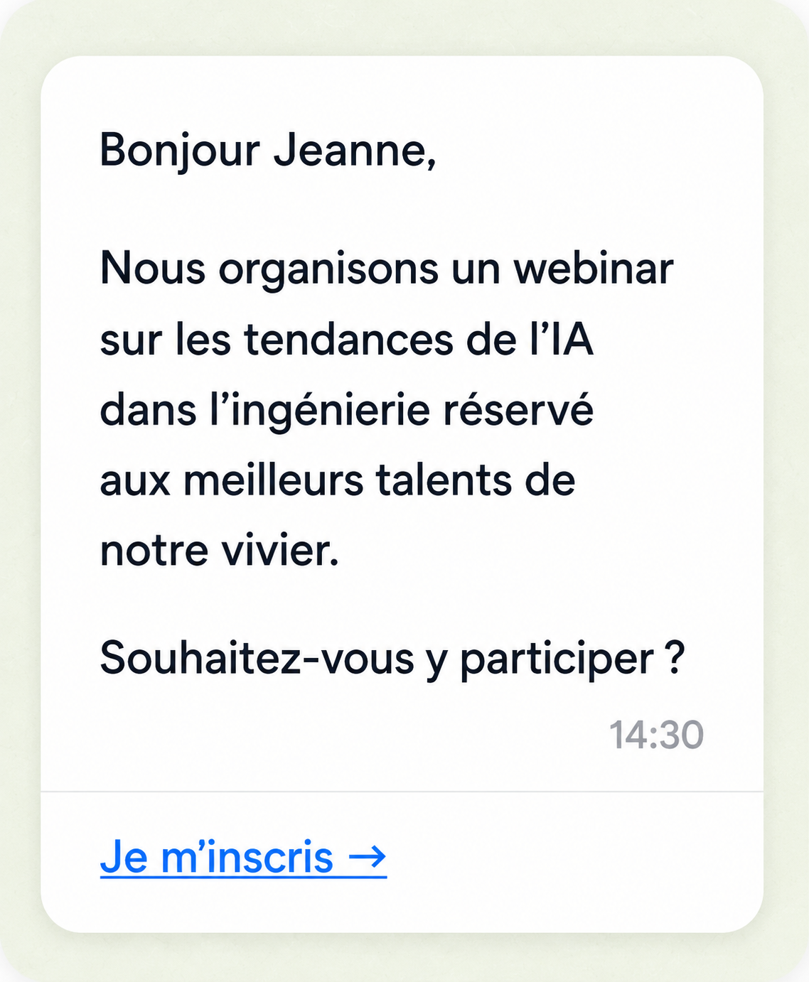 Exemple de message WhatsApp de nurturing envoyé aux talents